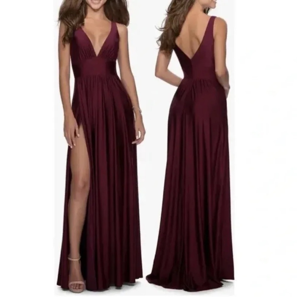 La Femme Womens Wine Red Plunge Neckline Formal Evening Gown Bridesmaid Dress